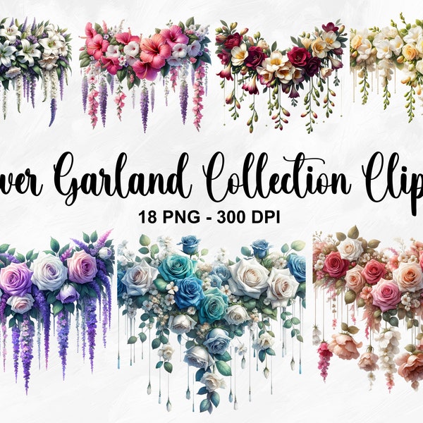 Watercolor Flower Garland Collection Clipart, 18 PNG Flower Arrangement Clipart, Floral Clipart, Floral Graphics, Commercial Use