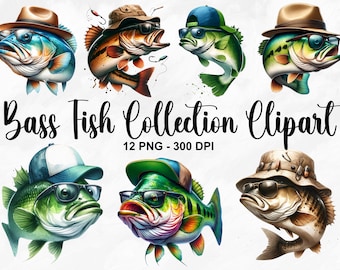Watercolor Bass Fish Collection Clipart, 12 PNG Bass Fish Clipart, Funny Bass Fish, Fish Clipart, Fishing Fish PNG, Fish PNG, Commercial Use