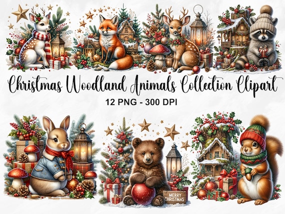 Watercolor Christmas Woodland Animals Collection Clipart, 12 PNG Christmas Clipart, Forest Friends, Christmas Animals PNG, Commercial Use