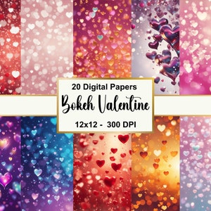 Papel digital Bokeh Valentine, Dia dos Namorados para impressão, Coração romântico, Corações Bokeh, Scrapbooking, Papel digital dos Namorados, Uso comercial
