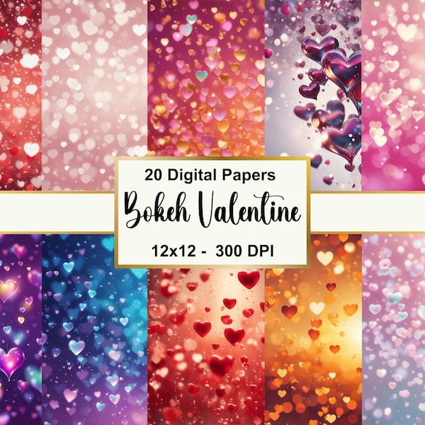 Papel digital Bokeh Valentine, San Valentín imprimible, Corazón romántico, Corazones Bokeh, Scrapbooking, Papel digital de San Valentín, Uso comercial