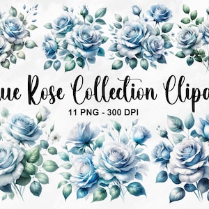 Aquarel Blue Rose collectie clipart, 11 PNG Rose boeket clipart, lichtblauwe bloemen clipart, stoffige blauwe bloemen clipart, commercieel gebruik