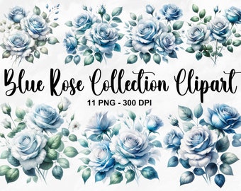Puede incluir: Una colección de 11 imágenes de clipart digital que presentan rosas azules de acuarela con hojas verdes. Las imágenes son de alta resolución, 300 DPI, y en formato PNG. Colección de Clipart de Rosas Azules.