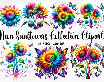 Aquarell Neon Sonnenblumen Sammlung Clipart, 15 PNG Sonnenblumen Clipart, Sonnenblume PNG, Neon Sonnenblumen PNG, Sonnenblumen PNG, kommerzielle Nutzung