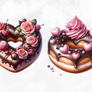 May include: Two heart-shaped donuts decorated with chocolate frosting, pink hearts, and sprinkles. One donut is topped with pink roses and raspberries, while the other has a swirl of pink frosting.