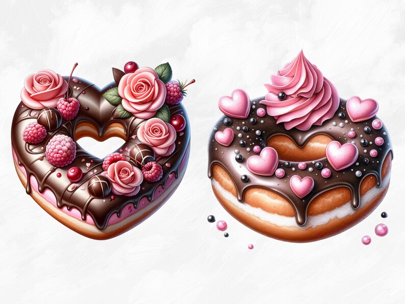 May include: Two heart-shaped donuts decorated with chocolate frosting, pink hearts, and sprinkles. One donut is topped with pink roses and raspberries, while the other has a swirl of pink frosting.