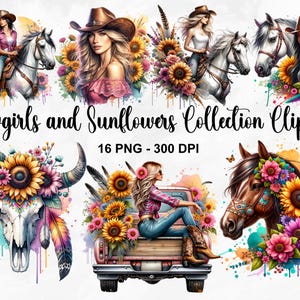 16 PNG, Cowgirls and Sunflowers Clipart Bundle, Western Sublimation, Sunflower PNG, Floral Horse Clipart, Horse PNG Bundle, Commercial Use