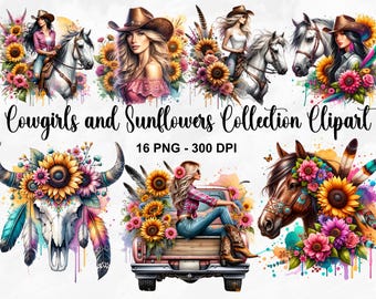 May include: A collection of watercolor clipart featuring cowgirls, horses, sunflowers, and floral arrangements. The images include cowgirls riding horses, portraits, and decorative elements. The text "Cowgirls and Sunflowers Collection Clipart" is displayed.
