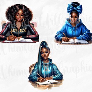 May include: Three digital illustrations of women of colour writing in journals. The first woman is wearing a black jacket with gold accents and the text "Lady Boss". The second woman is wearing a blue hoodie with a blue and white patterned headband. The third woman is wearing a blue hoodie with a blue and white patterned headband. All three women are sitting at desks with journals open in front of them.