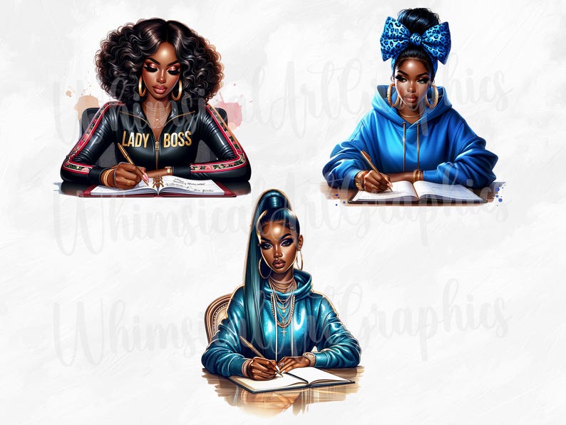 May include: Three digital illustrations of women of colour writing in journals. The first woman is wearing a black jacket with gold accents and the text "Lady Boss". The second woman is wearing a blue hoodie with a blue and white patterned headband. The third woman is wearing a blue hoodie with a blue and white patterned headband. All three women are sitting at desks with journals open in front of them.