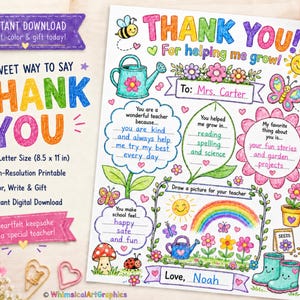 May include: A printable "Thank You" card for a teacher, featuring colorful text and illustrations. The design includes a bee, watering can, flowers, and a rainbow. The card is US Letter size (8.5 x 11 in) and is a digital download.