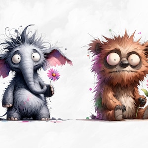 May include: A cartoon illustration of a gray elephant and a brown bear with messy fur, both holding pink flowers. The elephant has large eyes and a long trunk. The bear has a wide mouth and a surprised expression.