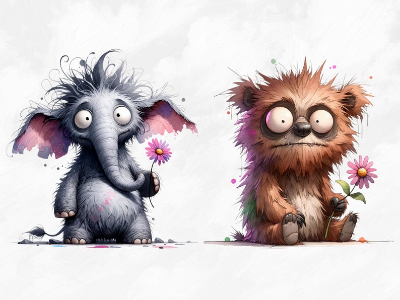 May include: A cartoon illustration of a gray elephant and a brown bear with messy fur, both holding pink flowers. The elephant has large eyes and a long trunk. The bear has a wide mouth and a surprised expression.