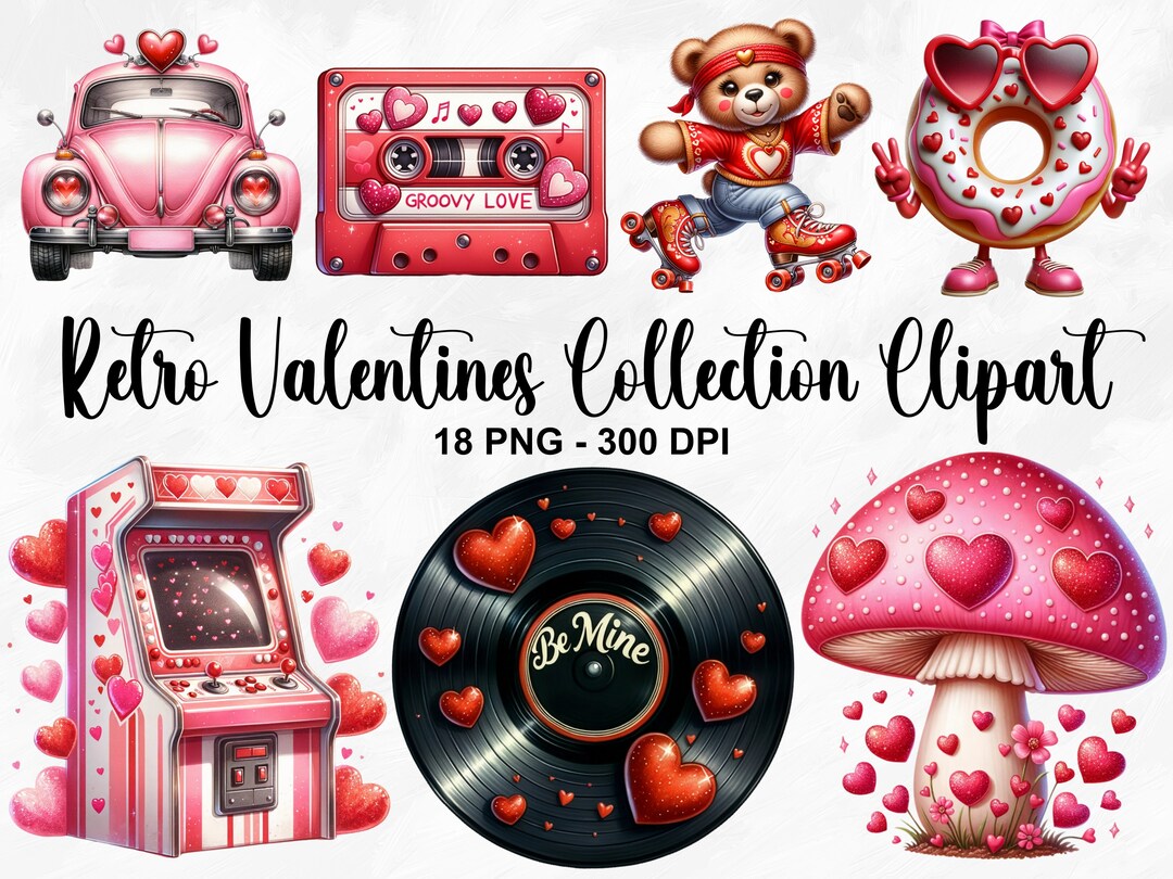 Watercolor Retro Valentines Collection Clipart, 18 PNG Valentines Day ...