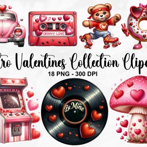 Aquarell Retro Valentines Sammlung Clipart, 18 PNG Valentinstag Clipart, Groovy Valentine PNG, Retro Valentine Bundle, kommerzielle Nutzung