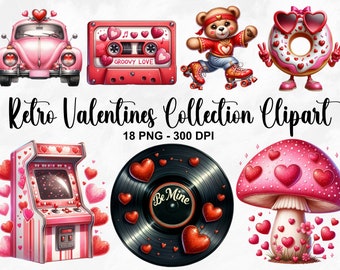 May include: A collection of 18 retro Valentine's Day themed clipart images. The images include a pink Volkswagen car with hearts, a cassette tape with the words "Groovy Love", a teddy bear on roller skates, a donut with sunglasses, a vintage arcade game, a vinyl record with the words "Be Mine", and a pink mushroom with hearts.