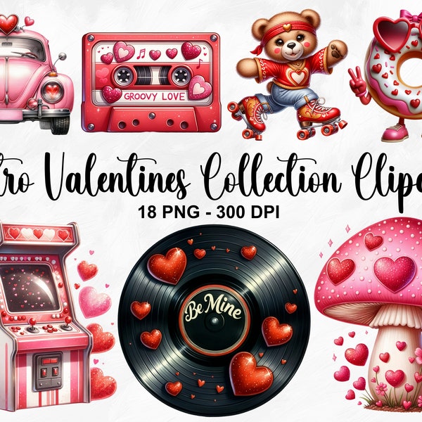 Watercolor Retro Valentines Collection Clipart, 18 PNG Valentines Day Clipart, Groovy Valentine PNG, Retro Valentine Bundle, Commercial Use