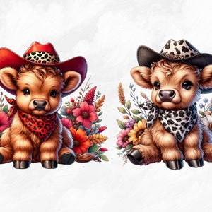 Puede incluir: Dos adorables vacas Highland marrones y blancas con sombreros de vaquero y pa&ntilde;uelos. Las vacas est&aacute;n rodeadas de coloridas flores de oto&ntilde;o.