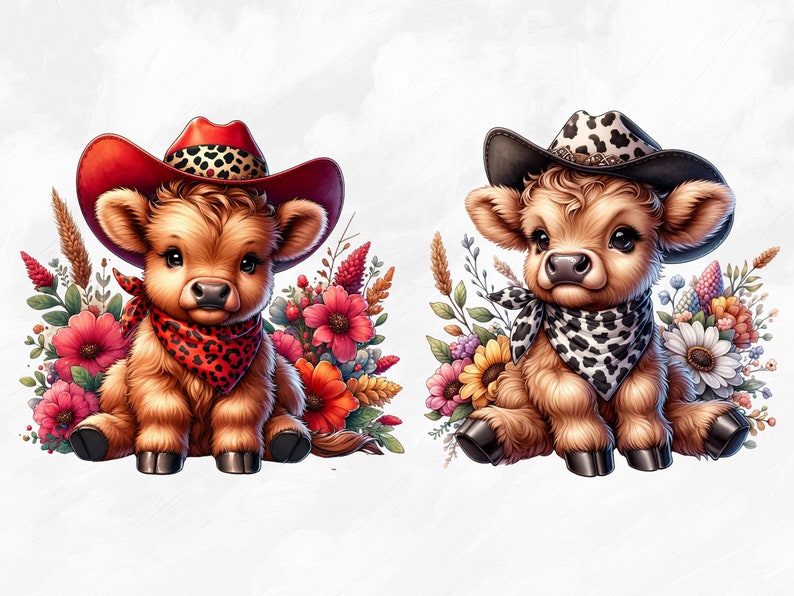 Puede incluir: Dos adorables vacas Highland marrones y blancas con sombreros de vaquero y pa&ntilde;uelos. Las vacas est&aacute;n rodeadas de coloridas flores de oto&ntilde;o.