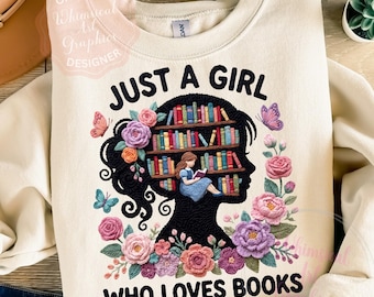 Just a Girl Who Loves Books Yarn Crochet PNG, Faux Knitted Book Lover Design, Book Lover Png, Reading Png, Bookworm Png, Library PNG