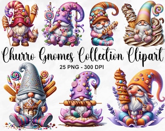 Watercolor Churro Gnomes Collection Clipart, 25 PNG Festive Gnome Clipart, Candy Gnome Clipart, Fantasy Clipart, Gnomes PNG, Commercial Use