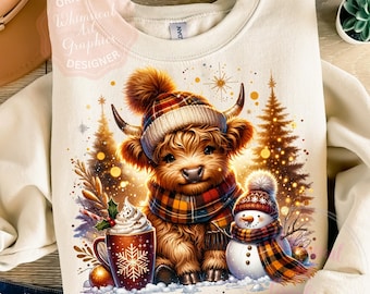 かわいいハイランド牛のPNG画像、クリスマスツリーのクリップアート、ホットココアのデザイン、冬のふわふわの牛、ホリデーシーズンのハイランド牛、かわいい雪だるまのPNG画像