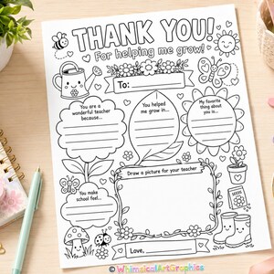 Puede incluir: Tarjeta imprimible en blanco y negro de "Gracias" para un profesor, con ilustraciones caprichosas de una abeja, una regadera, flores y mariposas. La tarjeta incluye secciones para rellenar, con el texto "For helping me grow!"