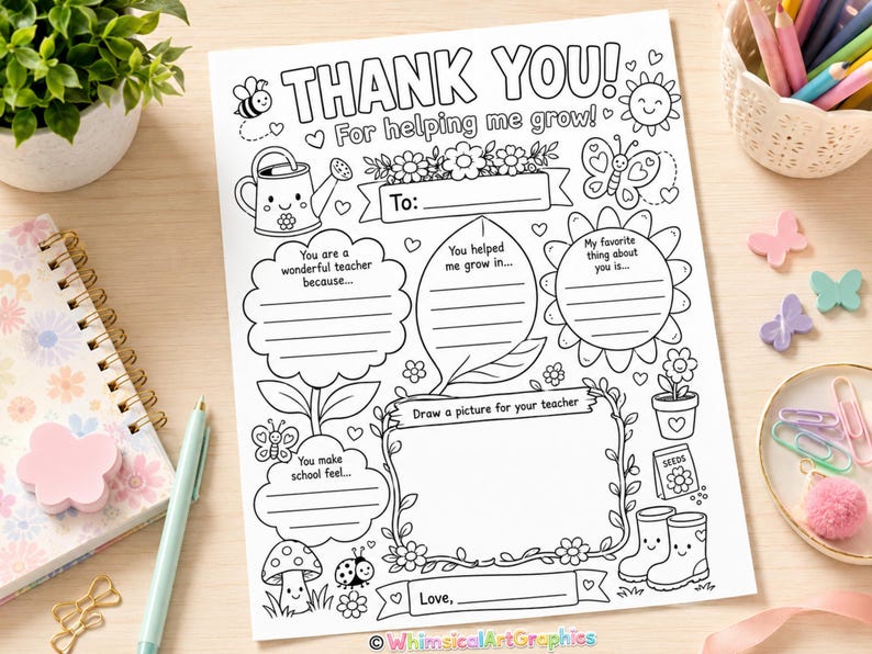 Puede incluir: Tarjeta imprimible en blanco y negro de "Gracias" para un profesor, con ilustraciones caprichosas de una abeja, una regadera, flores y mariposas. La tarjeta incluye secciones para rellenar, con el texto "For helping me grow!"