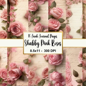 Shabby Pink Roses Junk Journal Kit, Vintage Shabby Chic Ephemera Collage, Papel de álbum de recortes romántico, Rosas victorianas, Descarga digital