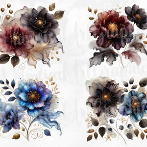 May include: Four digital illustrations of floral bouquets with dark blue, burgundy, and black flowers with gold accents. The flowers are arranged in a loose, flowing style.
