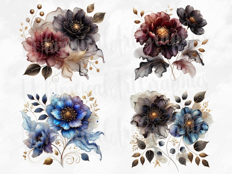 May include: Four digital illustrations of floral bouquets with dark blue, burgundy, and black flowers with gold accents. The flowers are arranged in a loose, flowing style.