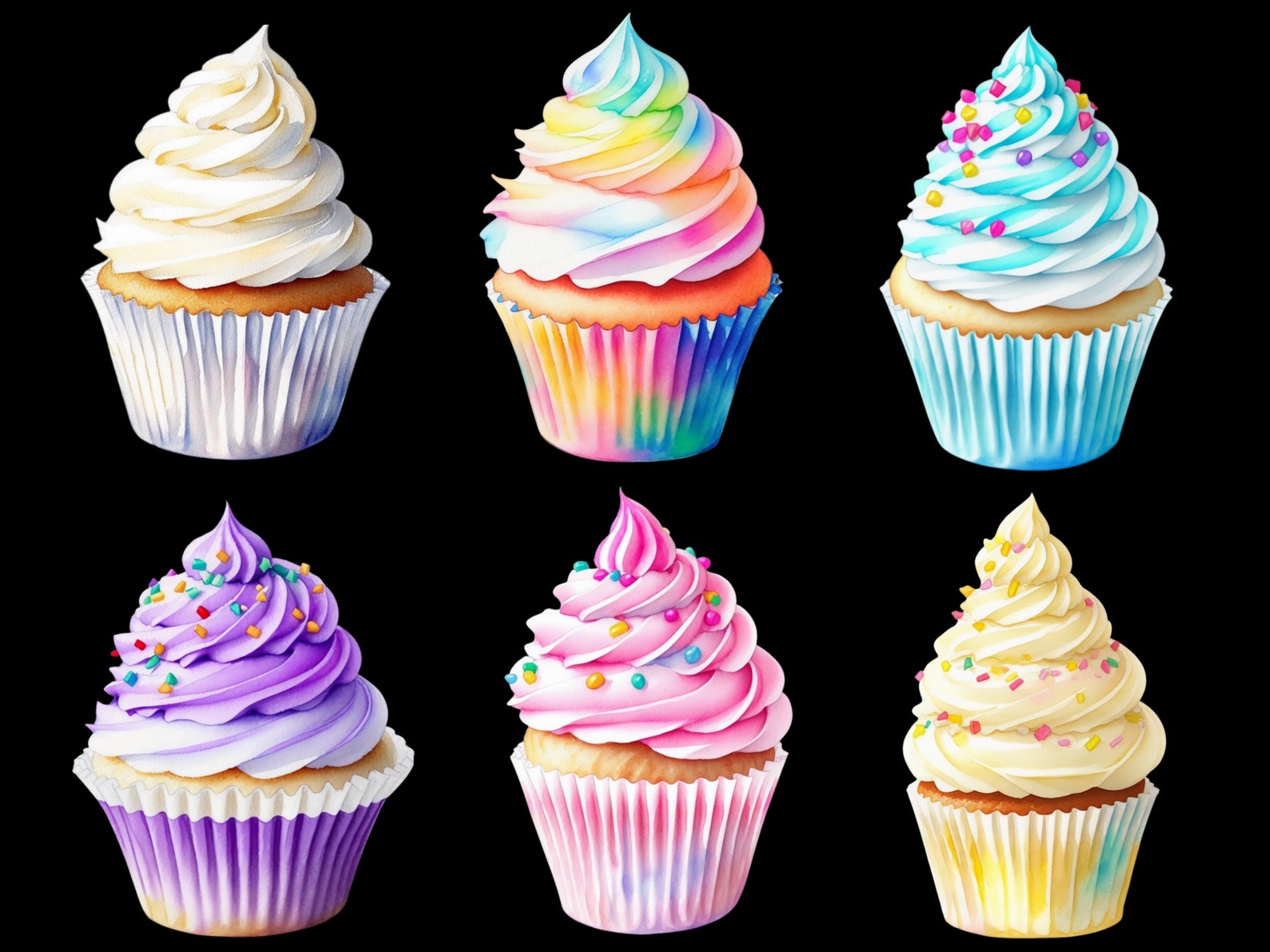 Watercolor Cupcakes Clipart, 30 PNG Cupcake Clip Art, Watercolor ...
