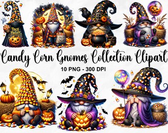 Watercolor Candy Corn Gnomes Collection Clipart, 10 PNG Halloween Clipart, Halloween Gnome Clipart, Witch Gnome, Gnome PNG, Commercial Use