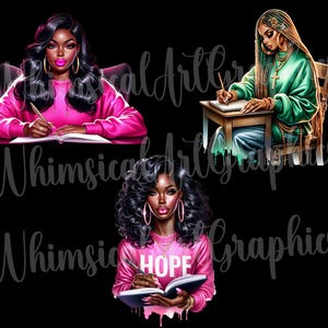 May include: Three digital illustrations of women of colour with long black hair wearing pink sweatshirts and writing in notebooks. The first woman is writing in a notebook with a pencil. The second woman is sitting at a desk with a notebook and pen. The third woman is writing in a notebook with a pen and the word "HOPE" is written on her sweatshirt.
