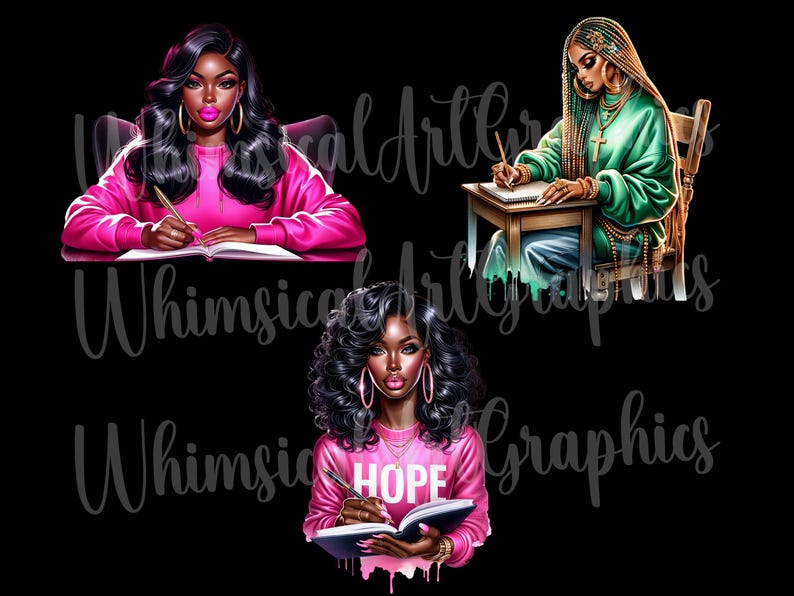 May include: Three digital illustrations of women of colour with long black hair wearing pink sweatshirts and writing in notebooks. The first woman is writing in a notebook with a pencil. The second woman is sitting at a desk with a notebook and pen. The third woman is writing in a notebook with a pen and the word "HOPE" is written on her sweatshirt.