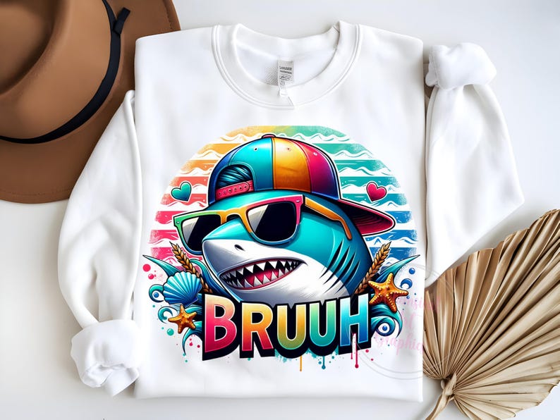 Puede incluir: Sudadera blanca con un tibur&oacute;n de dibujos animados con gafas de sol y una gorra colorida. El tibur&oacute;n tiene una sonrisa con dientes y la palabra "BRUUH" en colores vibrantes. El dise&ntilde;o incluye corazones, conchas y estrellas de mar.