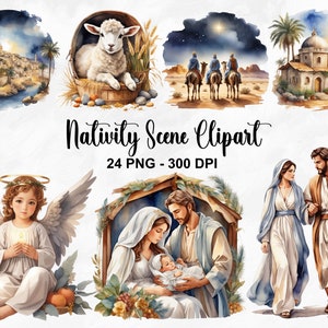 Watercolor Nativity Scene Clipart, 24 PNG Christmas Nativity Set Clipart, Christmas Jesus Clipart, Baby Jesus Clipart, Commercial Use