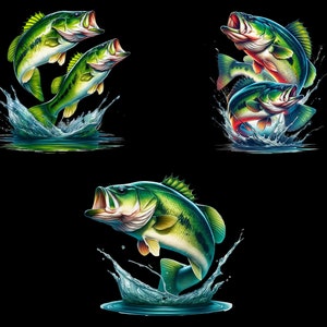 May include: Three green and black bass fish jumping out of the water, with splashes of water around them. The fish are on a black background.