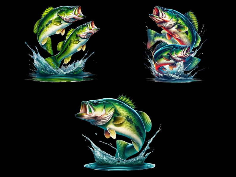 May include: Three green and black bass fish jumping out of the water, with splashes of water around them. The fish are on a black background.