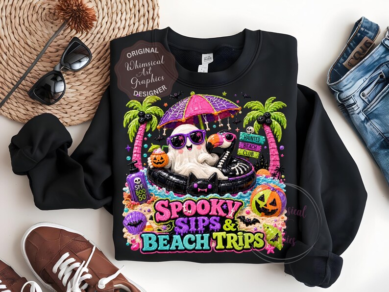 May include: Black sweatshirt with a colorful graphic featuring a ghost wearing sunglasses, a flamingo, and a black cat in a pool. The design includes palm trees, a pumpkin, and the text "Spooky Sips & Beach Trips."