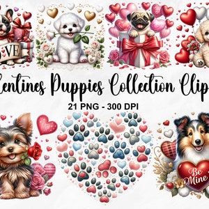 Watercolor Valentines Puppies Collection Clipart, 21 PNG Valentines Day Clipart, Cute Puppy Clipart, Puppy Paw Print Clipart, Commercial Use