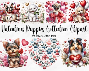 Op de afbeelding: Een verzameling van 21 digitale clipart-afbeeldingen met Valentijnsdagthema met schattige puppy's in verschillende poses. De afbeeldingen bevatten harten, bloemen en de tekst "Love" en "Be Mine".