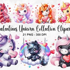 Acuarela San Valentín Unicorn Collection Clipart, 21 PNG Valentines Day Clipart, Lindo Unicornio Clipart, Unicornio San Valentín, Uso Comercial
