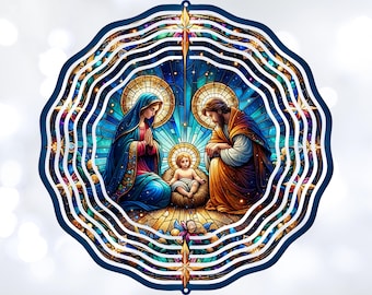 May include: A stained glass style illustration of the Holy Family. Mary, Joseph, and baby Jesus are depicted in a circular frame with a blue and gold background. The image is surrounded by concentric circles of white and gold.
