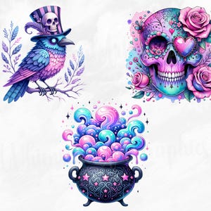 K&ouml;nnte beinhalten: Drei digitale Illustrationen in einem skurrilen Stil. Ein lila und blauer Vogel, der einen Zylinder mit einem Totenkopf tr&auml;gt, ein Zucker Sch&auml;del mit rosa und blauen Blumen und ein schwarzer Kessel mit rosa und blauem Rauch.