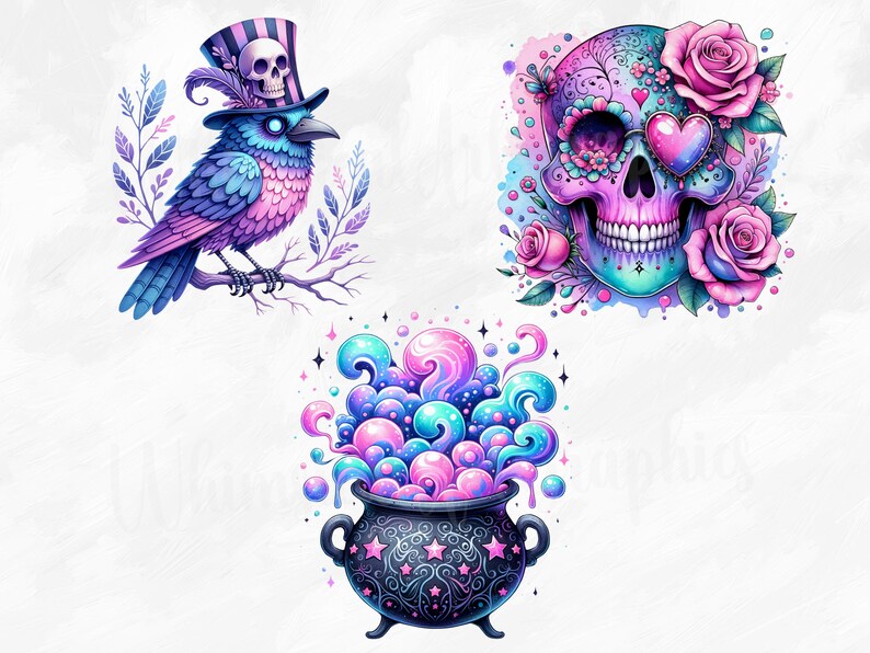 K&ouml;nnte beinhalten: Drei digitale Illustrationen in einem skurrilen Stil. Ein lila und blauer Vogel, der einen Zylinder mit einem Totenkopf tr&auml;gt, ein Zucker Sch&auml;del mit rosa und blauen Blumen und ein schwarzer Kessel mit rosa und blauem Rauch.