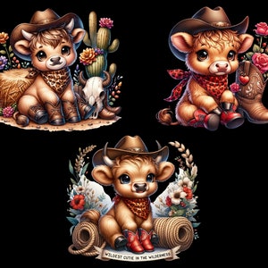 Puede incluir: Tres ilustraciones de vacas de dibujos animados lindas que usan sombreros de vaquero y botas. Las vacas son marrones y blancas con ojos grandes y una expresi&oacute;n amigable. Cada vaca est&aacute; rodeada de flores y otras im&aacute;genes de tem&aacute;tica occidental.