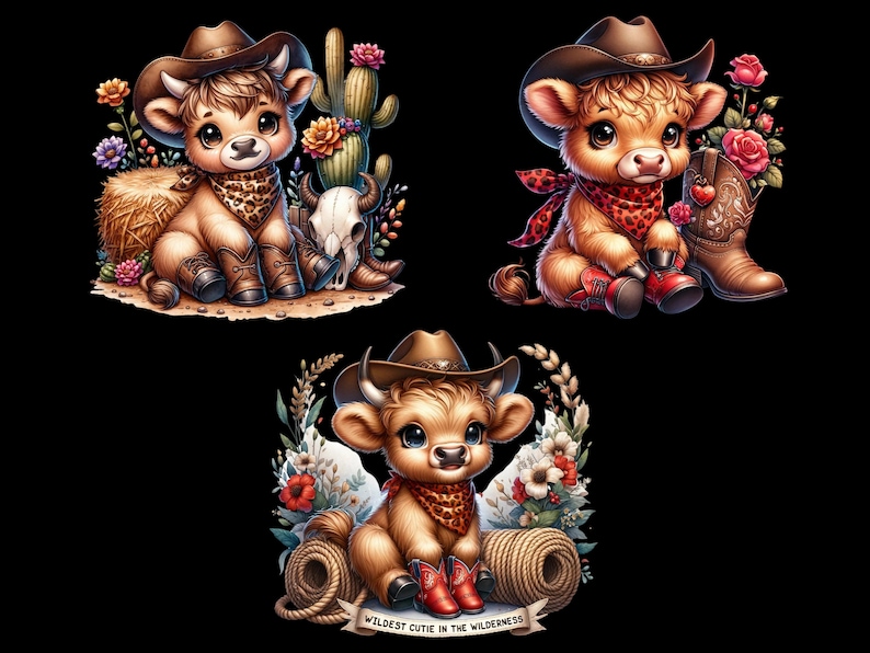 Puede incluir: Tres ilustraciones de vacas de dibujos animados lindas que usan sombreros de vaquero y botas. Las vacas son marrones y blancas con ojos grandes y una expresi&oacute;n amigable. Cada vaca est&aacute; rodeada de flores y otras im&aacute;genes de tem&aacute;tica occidental.