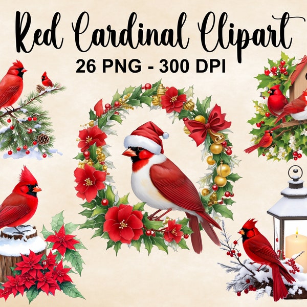 Watercolor Red Cardinal Clipart, 26 PNG Christmas Red Cardinal Clipart, Holiday Clipart, Christmas Clipart, Bird Clipart, Commercial Use