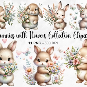 Aquarell Hasen mit Blumen Clipart, 11 PNG Hasen Clipart, Süße Hasen Clipart, Frühling Hasen Clipart, Floral Clipart, kommerzielle Nutzung
